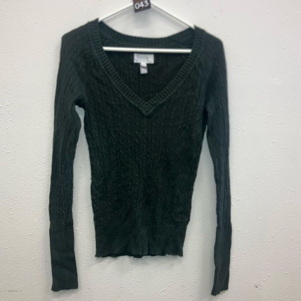American eagle green v-neck cable knit Y2K long sleeve sweater rabbit hair M 724